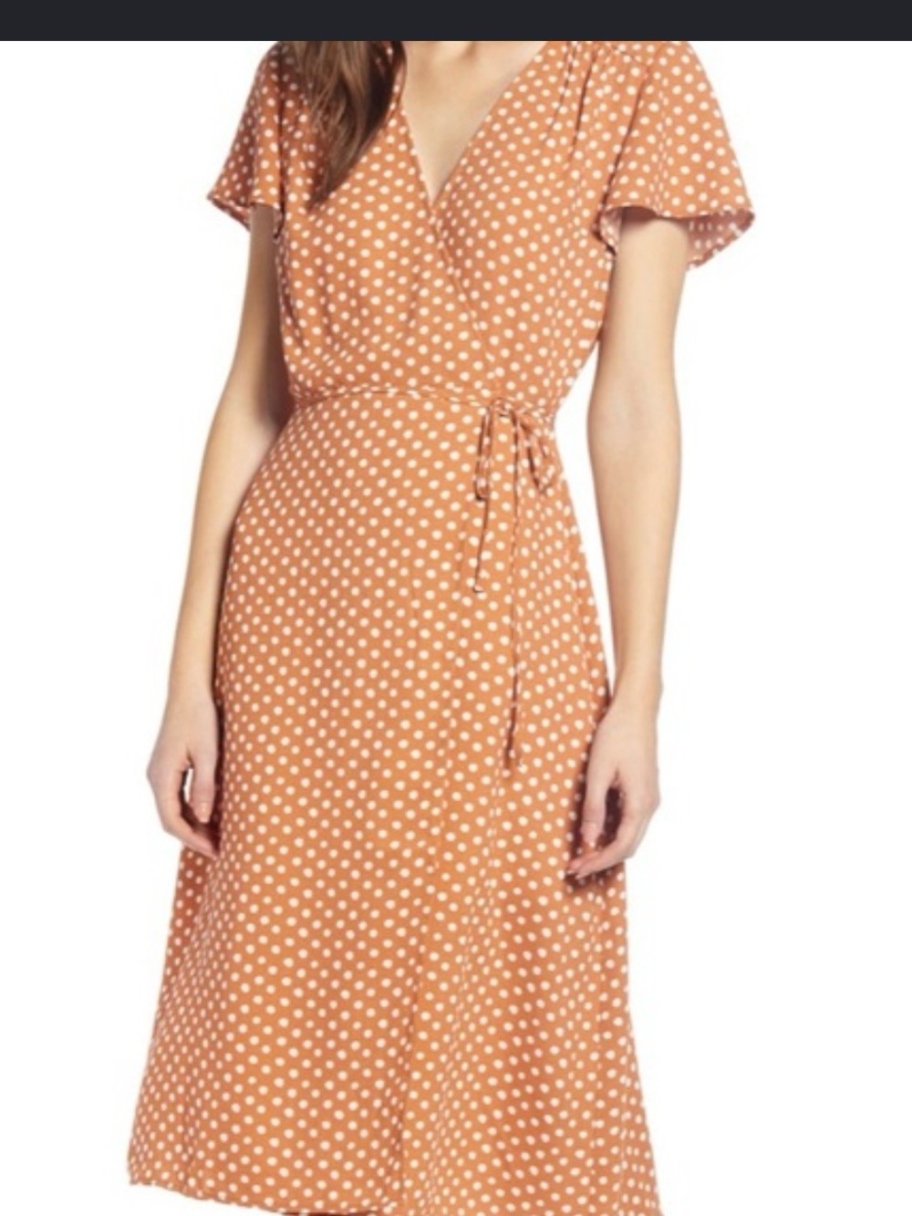Nordstrom Copper with White Polka Dot Wrap Midi Dress